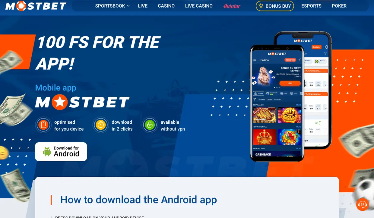 Página oficial do aplicativo Mostbet com 100 rodadas grátis e download para Android