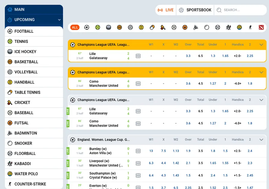 Linha de apostas ao vivo da Mostbet com jogos de futebol e odds decimais