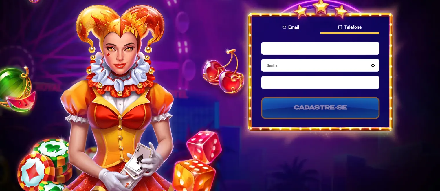 Formulário de cadastro da Mostbet com abas de e-mail e telefone, na página promocional do Joker