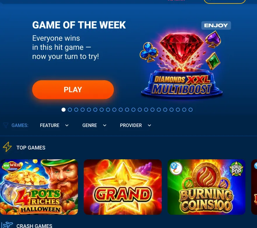 Vitrine do cassino Mostbet com jogo da semana e slots em destaque
