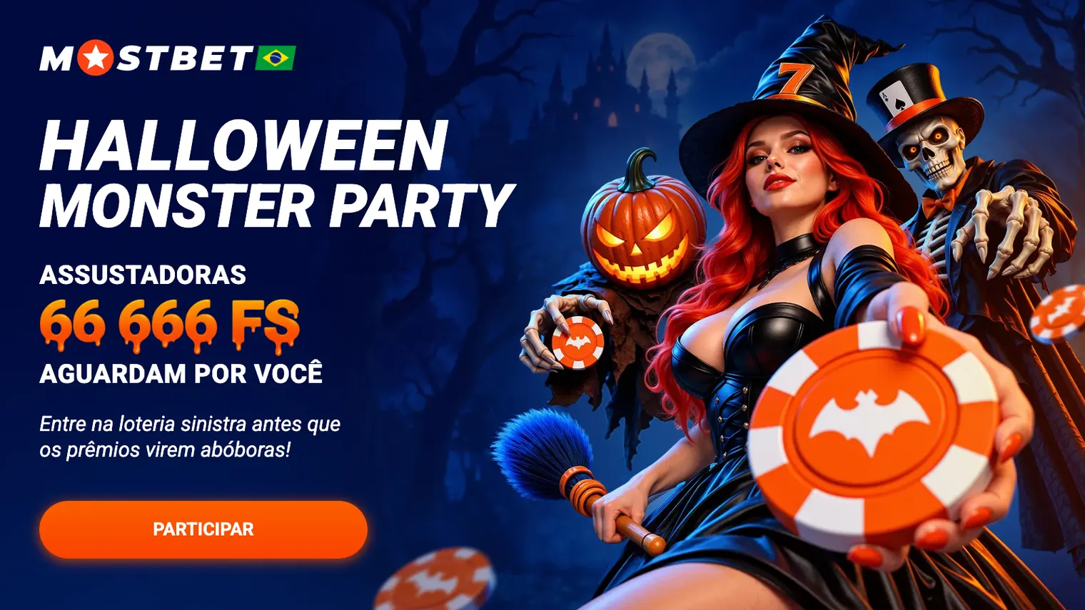 Arte oficial da Halloween Monster Party da Mostbet com 66.666 rodadas grátis